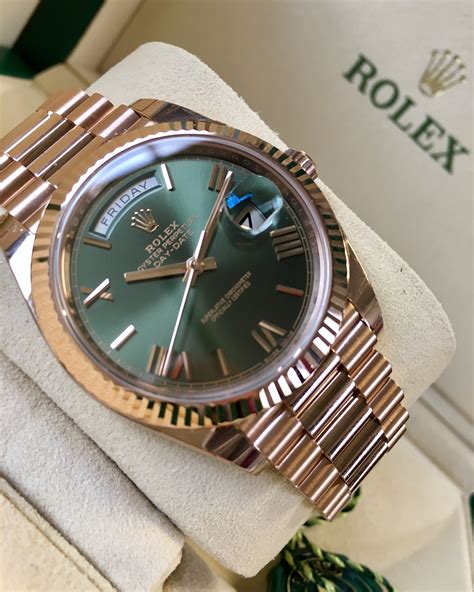 gold rolex green face day date|rolex day date olive green.